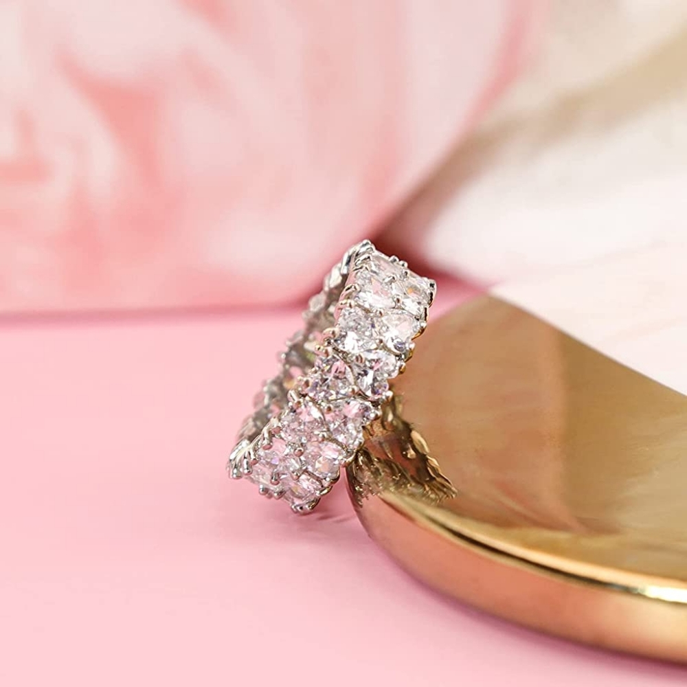 🥳SALE!🥳14K 2Row Heart Cubic Zirconia Sterling Silver Eternity Bands